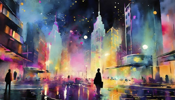 AI generated image showing the colorful illuminated impression of a big city at night, watercolor style with splashes and spots