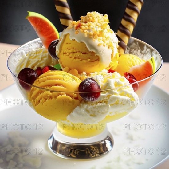 AI generated image showing a bowl made of glass filled with ice cream balls, some fruits and wafers