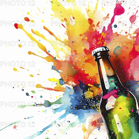 Refreshing beverages theme showing a soft drink bottle in multicolored vibrant splashy ambiance. AI generated image with lots of paint splashes, splatter and spots