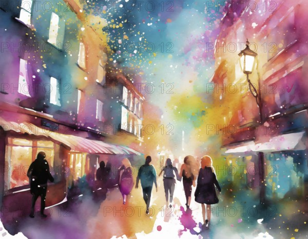 AI generated image showing a vivid illuminated city scenery, watercolor style with splashes and spots