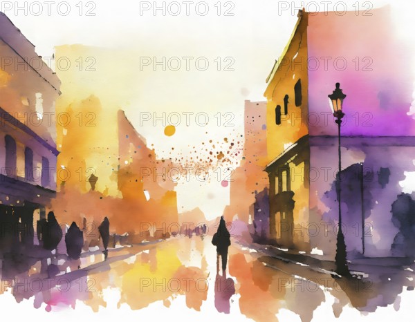 AI generated image showing a vivid illuminated town street including some pedestrians, watercolor style with splashes and spots