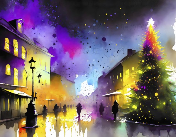 AI generated image showing a vivid illuminated city scenery including a christmas tree, watercolor style with splashes and spots