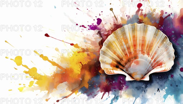 Symbolic theme showing a great scallop shell in multicolored vibrant splashy ambiance. AI generated image with lots of paint splashes, splatter and spots