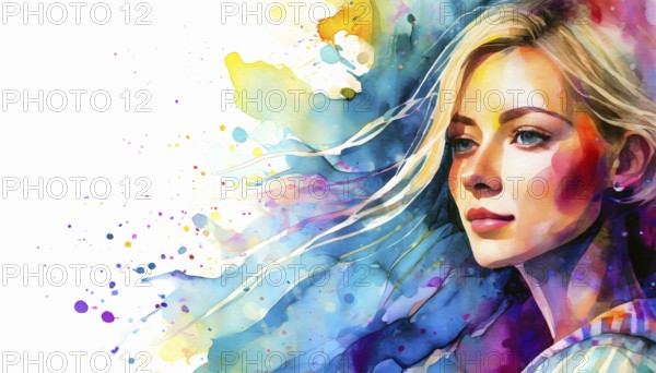 AI generated image showing the portrait of a young woman in colorful ambiance, watercolor style with splashes and spots