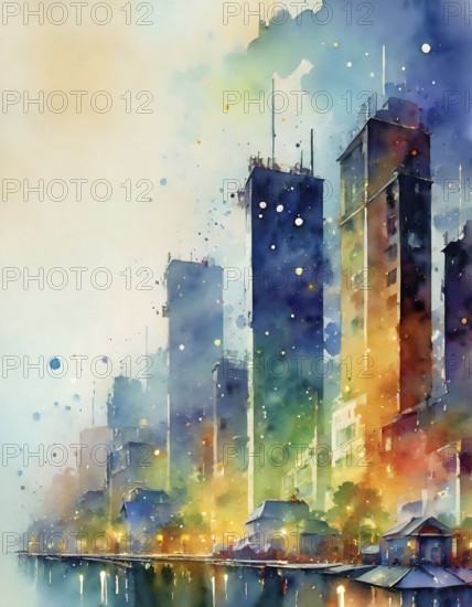 AI generated image showing the colorful impression of a big city, watercolor style with splashes and spots
