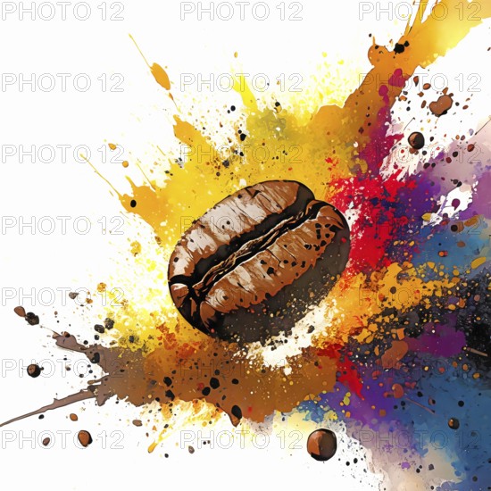 Consumption theme showing a coffee bean in multicolored vibrant splashy ambiance. AI generated image with lots of paint splashes, splatter and spots