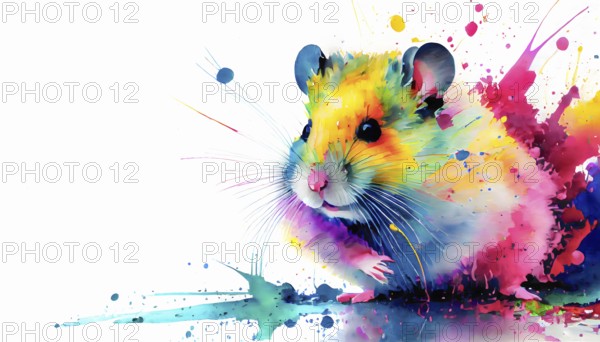 Pet and animal theme showing a hamster in multicolored vibrant splashy ambiance. AI generated image with lots of paint splashes, splatter and spots
