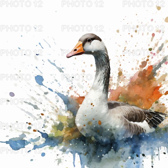 Animal and wildlife theme showing a goose swimming in multicolored vibrant splashy ambiance. AI generated image with lots of paint splashes, splatter and spots