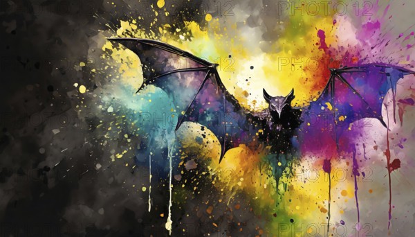 Animal and Halloween theme showing a flying bat in multicolored vibrant splashy ambiance. AI generated image with lots of paint splashes, splatter and spots