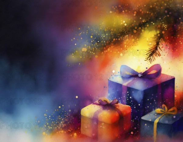 AI generated image showing some christmas presents under a christmas tree, watercolor style with splashes and spots