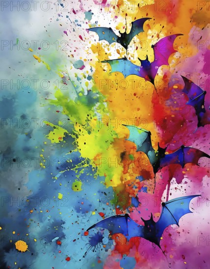 Animal and Halloween theme showing flying bats in multicolored vibrant splashy ambiance. AI generated image with lots of paint splashes, splatter and spots