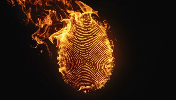 AI generated image showing a flaming finger print in dark ambiance