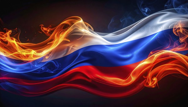 AI generated Image showing a flaming russian flag in dark ambiance