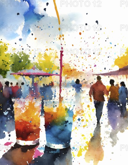 AI generated lifestyle theme showing an urban street party scenery with lots of people in multicolored vibrant watercolor ambiance