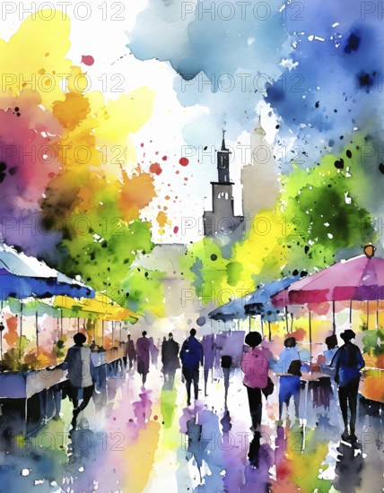 AI generated lifestyle theme showing an urban street market scenery with lots of people in multicolored vibrant watercolor ambiance