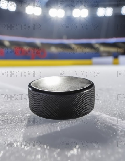 AI generated image showing a puck on ice surface in a stadium