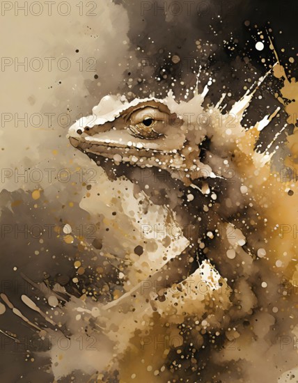 Animal and wildlife theme showing the portrait of a lizard in brown splashy ambiance. AI generated image with lots of paint splashes, splatter and spots