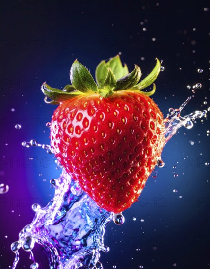 Strawberry fruit in wet ambiance. AI illustration with liquid splashes in dark blue back, AI generated
