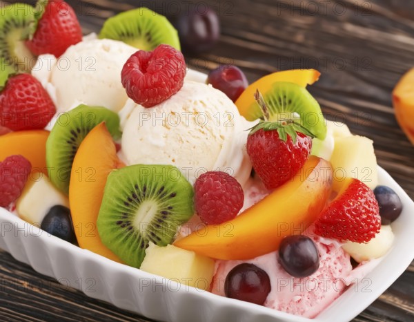 Closeup shot of a ice cream sundae with fresh fruits on wooden ground, AI generated image