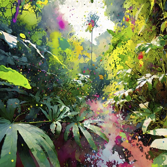 Natural conservation and tropical theme showing a dense jungle vegetation in multicolored vibrant splashy ambiance. AI generated image with lots of paint splashes, splatter and spots