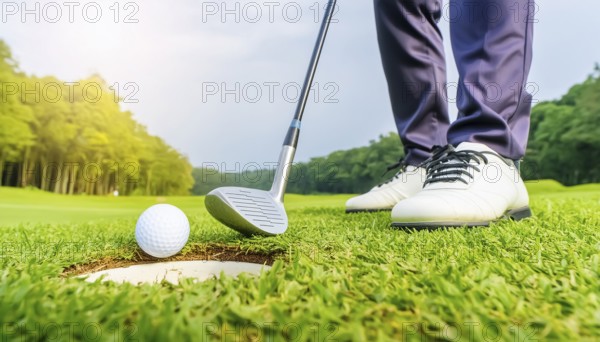 AI generated image showing a golf ball and golf club closeup near hole on a course in sunny ambiance with player