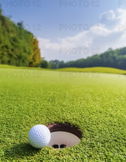 AI generated image showing a golf ball closeup near hole on a golf course