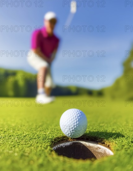 AI generated image showing a golf ball closeup near hole on a golf course with player