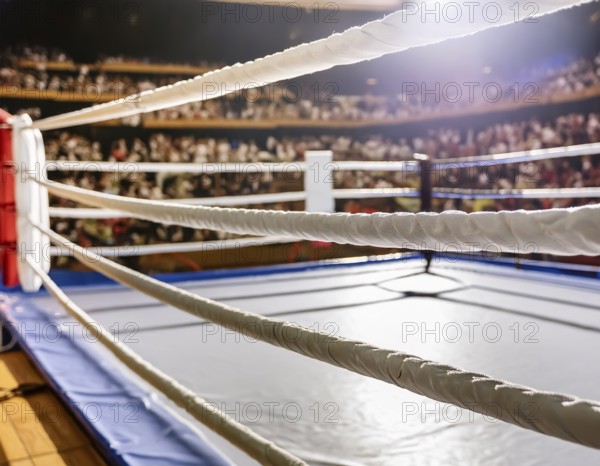 AI generated image showing a boxing scenery with boxing ring and audience