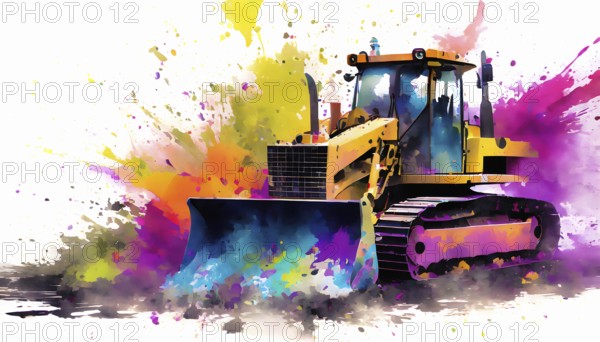 Construction theme showing a bulldozer in multicolored vibrant splashy ambiance. AI generated image with lots of paint splashes, splatter and spots