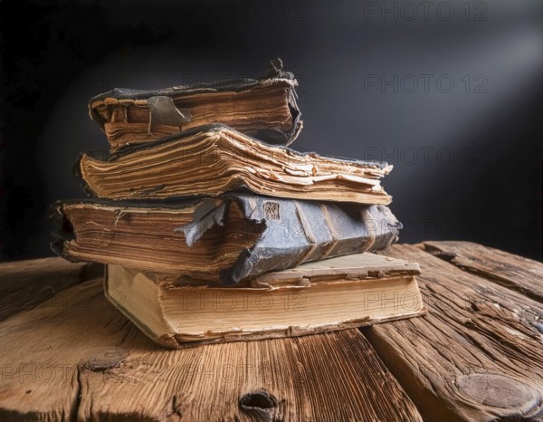 AI generated image showing stacked old rundown books on a wooden table