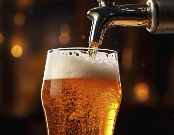 AI generated closeup image showing a beer tap while pouring beer in a glass