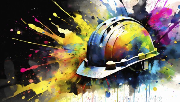 Construction theme showing a yellow hard hat in multicolored vibrant splashy ambiance. AI generated image with lots of paint splashes, splatter and spots
