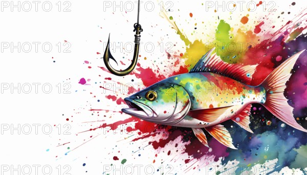 Angling theme showing a fish and fishing hook in multicolored vibrant splashy ambiance. AI generated image with lots of paint splashes, splatter and spots