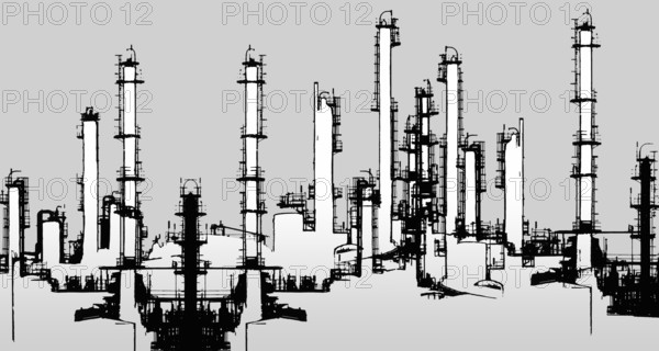 Black and white halftone Oil refinery illustration