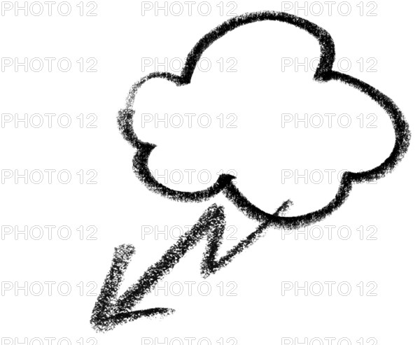 Crayon-sketched illustration of a cloud and lightning flash