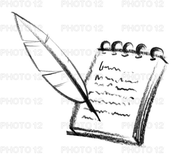 Crayon-sketched illustration of a writing pad and nib