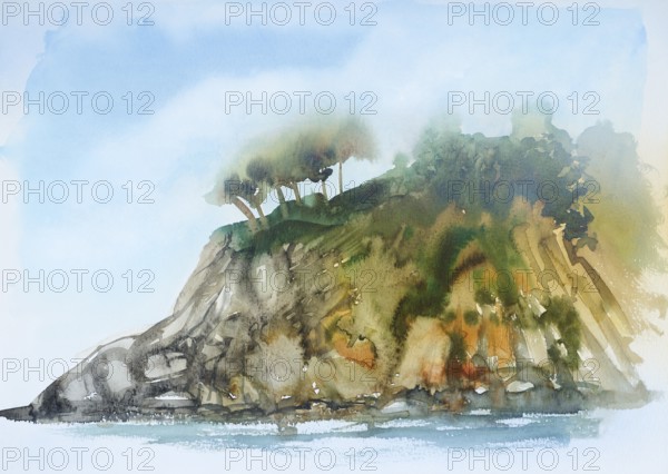Watercolor painting showing a coastal landscape in Tuscany at summer time