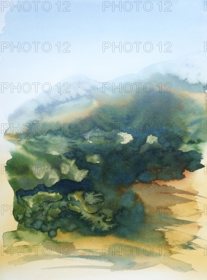 Watercolor painting showing a landscape in Tuscany at summer time