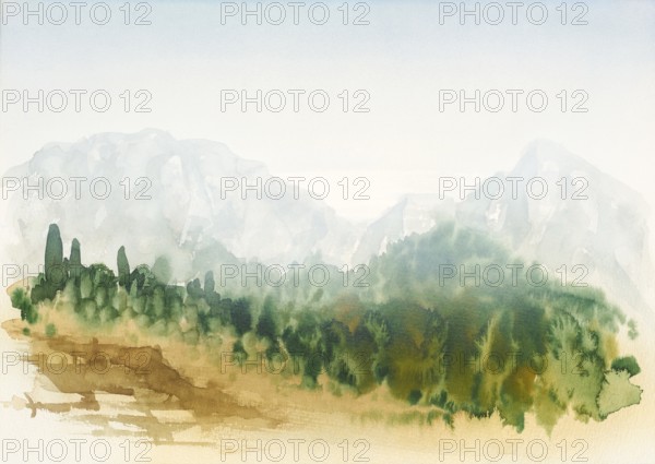 Watercolor painting showing a landscape in Tuscany at summer time