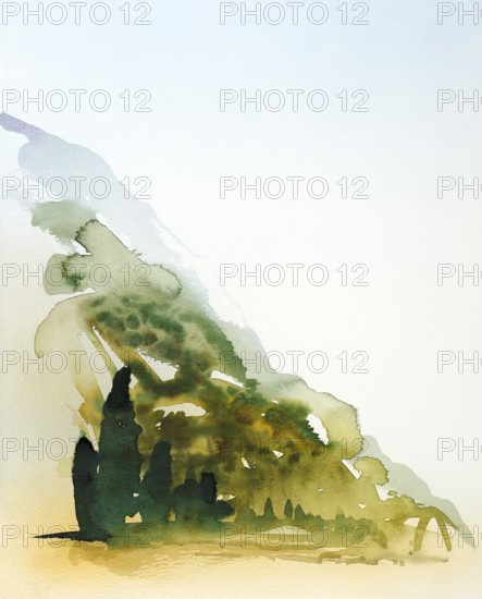 Watercolor painting showing a landscape in Tuscany at summer time