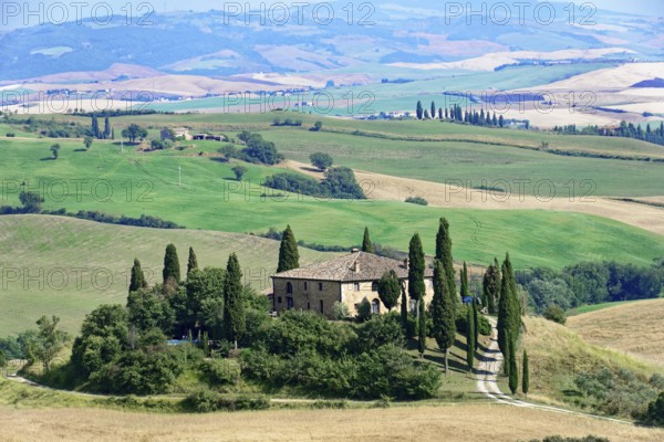 Large panoramic view of a Tuscan landscape with farmhouse and cypress trees, south of Pienza, Tuscany, Italy