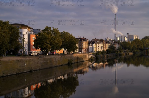 View over Neckar river to EnBW power plant and waste incineration plant Stuttgart-Münster, smoke from chimney, Bad Cannstatt, Stuttgart, Baden-Württemberg, Germany