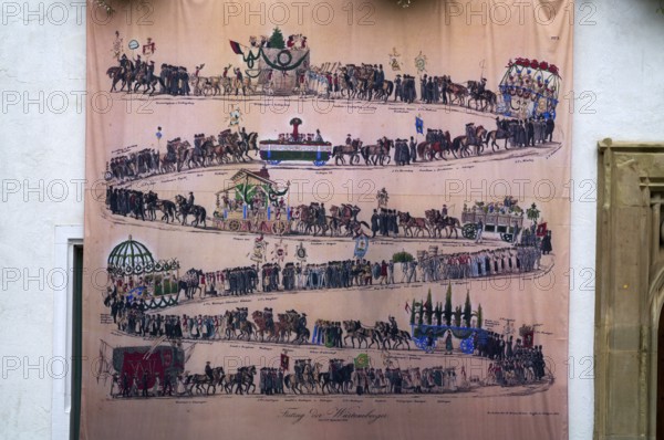 Historical depiction of folk festival parade, at the town hall, Bad Cannstatt, Stuttgart, Baden-Württemberg, Germany