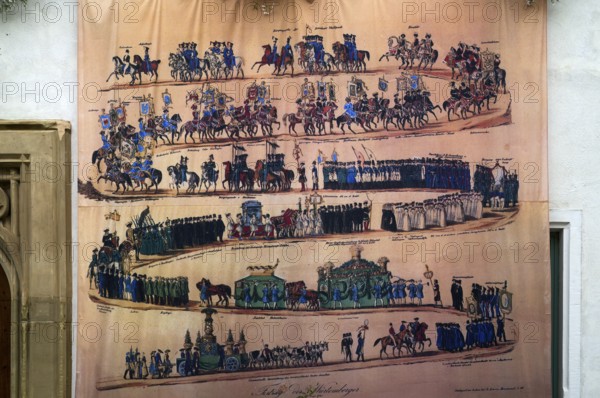 Historical depiction of folk festival parade, at the town hall, Bad Cannstatt, Stuttgart, Baden-Württemberg, Germany