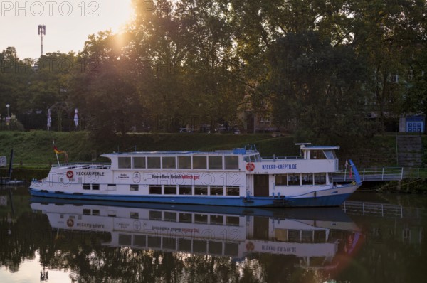 Passenger ship Neckar-Perle anchored after an accident, Neckar Bad Cannstatt, Stuttgart, Baden-Württemberg, Germany