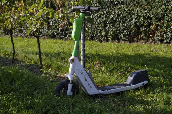 E-scooter, electric scooter, scooter parked in the vineyard next to vines, in the bike rental of the company Lime, OnLime and Uber, Bad Cannstatt, Stuttgart, Baden-Württemberg, Germany