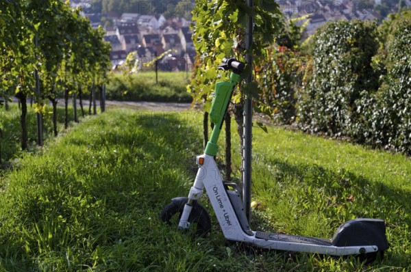 E-scooter, electric scooter, scooter parked in the vineyard next to vines, in the bike rental of the company Lime, OnLime and Uber, Bad Cannstatt, Stuttgart, Baden-Württemberg, Germany