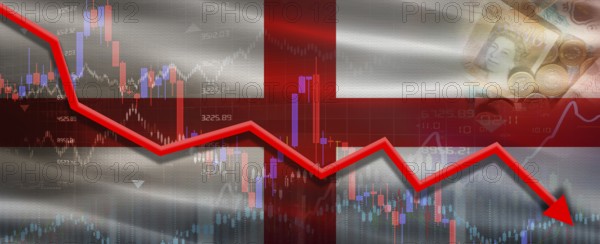 England financial crisis on economic graph. Financial fall of England on economy market