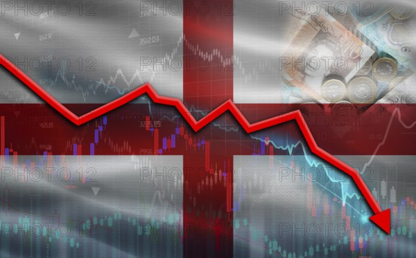 England financial fall on economy market. England financial crisis on economic graph