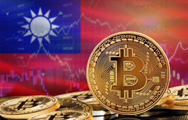 Investors in cryptocurrency and Blockchain Technology in Taiwan, Concept. Bitcoin with Taiwan flag in the background